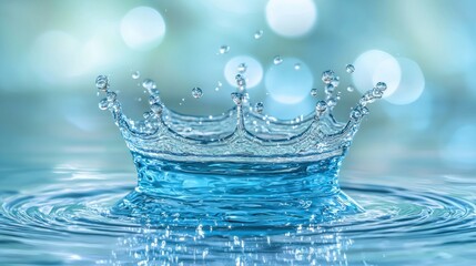 Water crown created by splash on surface with blurred bokeh background in blue