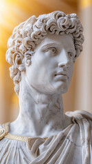 Obraz premium Striking classical greek male statue with curly hair illuminated by bright sunlight capturing the essence of antiquity