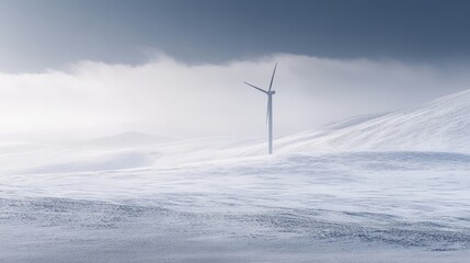 Isolated Wind Turbine in Snowy Landscape Under Dramatic Sky
