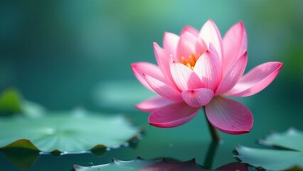 A serene pink aquatic flower blossoms gracefully on a tranquil water surface, its delicate petals unfurling in the soft sunlight, reflecting the peaceful atmosphere of nature