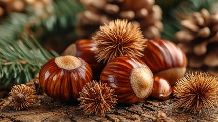 Brown nuts and pine cones on wood