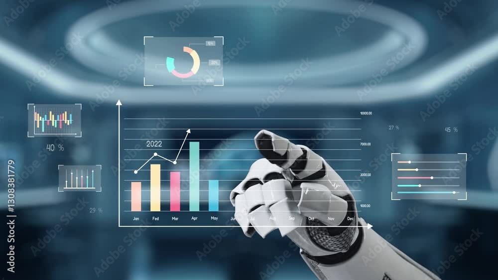 Poster a robotic hand interacts with a modern data visualization dashboard showcasing analytical graphs and