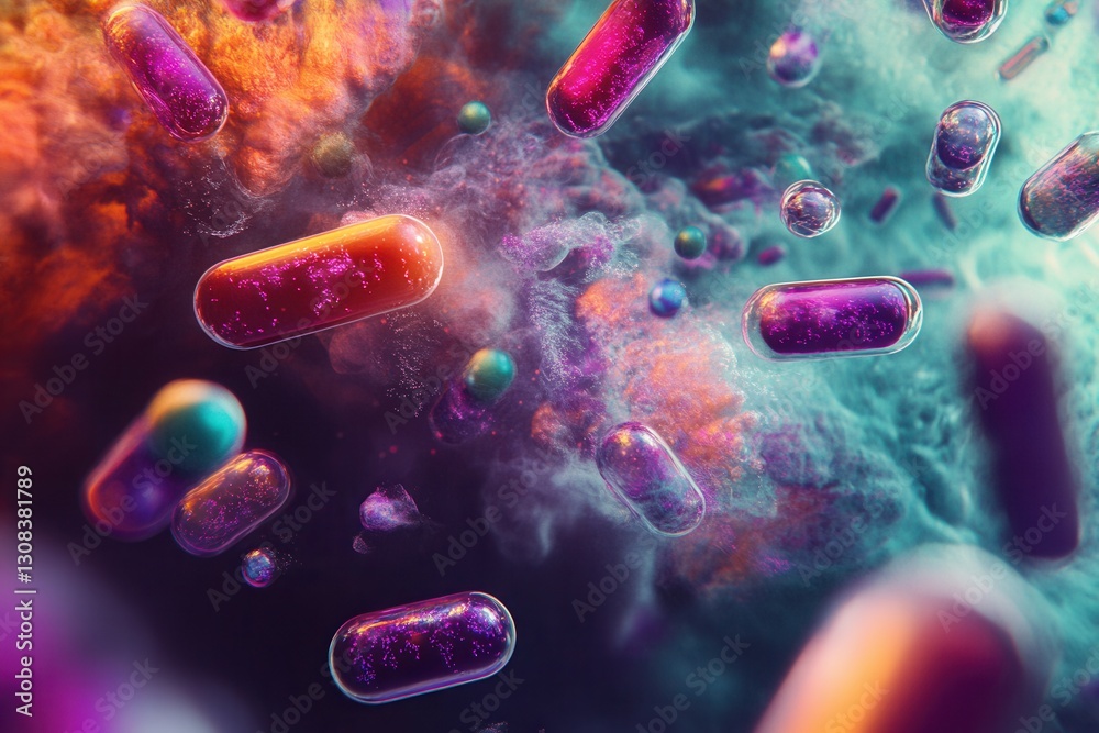 Poster floating capsules dissolve into molecular structures in a dreamy, abstract medical illustration with