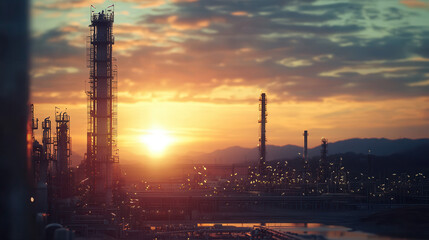 Obraz premium stunning sunset over oil refinery, showcasing industrial structures and vibrant sky