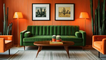Mid-century modern living room with emerald green sofa, orange accents, and cacti decor.