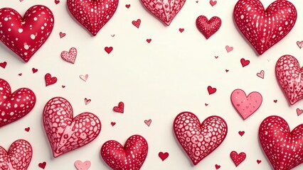 A Romantic Arrangement of Red and Pink Hearts with Speckled Patterns on a White Background
