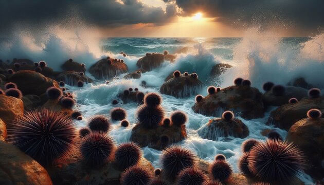 Waves and Sea Urchins Waves crash against the rocks with sea urc