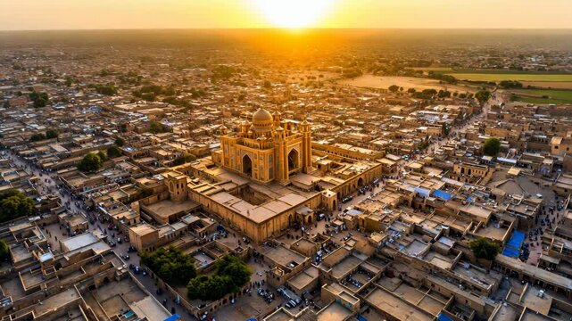 Sunset over the historic architecture and vibrant streets of Multan, Pakistan, showcasing the city's rich heritage and culture