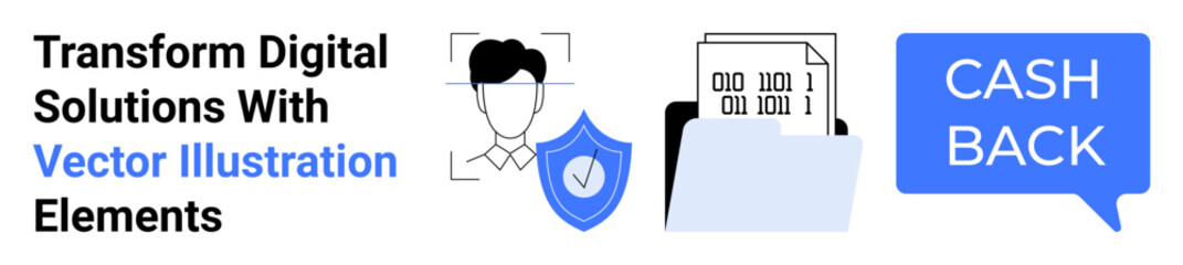 Face recognition, security badge, binary data in folder, cashback speech bubble. Ideal for cybersecurity, finance, technology, data management, online services e-commerce flat landing page banner