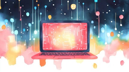 Obraz premium A vibrant, artistic illustration of a laptop displaying abstract digital patterns, surrounded by colorful, floating orbs against a cosmic background.
