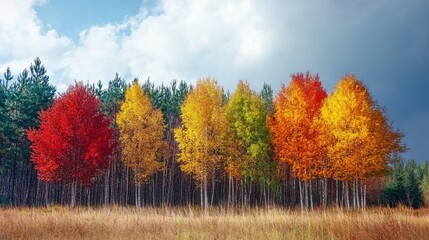Fototapeta premium A vibrant display of autumn trees with red, orange, and yellow foliage against a backdrop of green pines and a cloudy sky.
