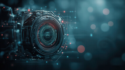 Obraz premium Futuristic camera lens with digital interface and glowing elements, showcasing technology and innovation