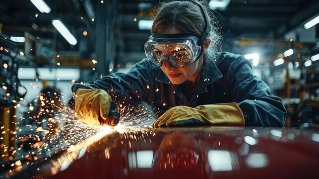 Woman grinds metal sparks fly workshop safety glasses focus factory backdrop
