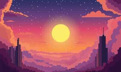 Beautiful Majestic Sky Panoramic with Skyscrapers Building and Sun Light at Sunset Sunrise