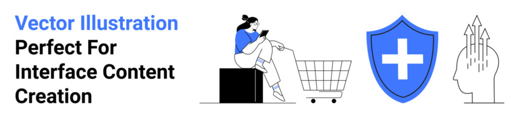 Woman sitting next to a shopping cart browsing her phone, blue cross shield icon symbolizing security, and abstract head with upward arrows representing innovation. Ideal for e-commerce, online