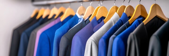Organized Men's Blazers on Wooden Hangers - A row of neatly arranged men's blazers of various colors hanging on wooden hangers in a closet, symbolizing , organization, fashion, wardrobe