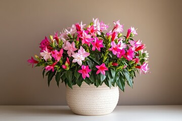 Fototapeta premium A beautiful shot of a pot filled with Schlumbergera flowers, with their bright pink, red, or purple blooms in full display against a neutral background.