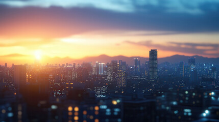 Obraz premium Stunning city skyline at sunset with vibrant colors and glowing lights