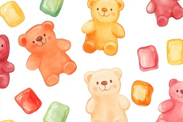 Colorful gummy bears and candy pieces scattered on a white background, creating a playful and whimsical design.