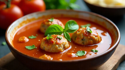 A vibrant, high-quality AI photo of delicious meatball soup, garnished with fresh parsley and basil.  The soup should be steaming, with warm, inviting lighting.  Focus on the texture and appealing pre