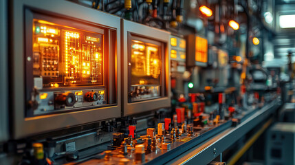 High tech industrial control panels with glowing displays and buttons, showcasing advanced technology and automation in factory setting