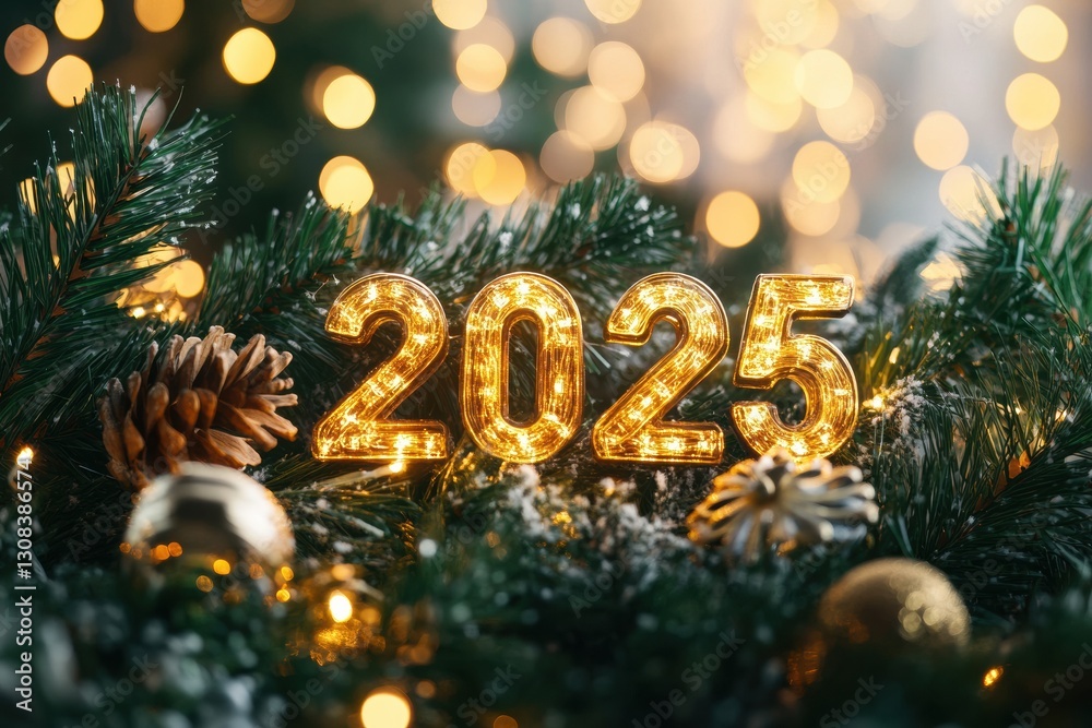 Poster glowing golden new year garland with the bold text 2025 and a festive atmosphere for celebration and