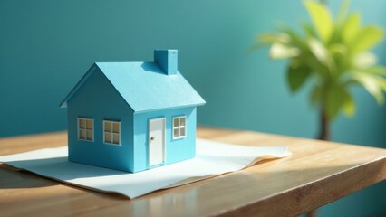 A miniature house model rests on a blueprint, bathed in sunlight, symbolizing dreams of homeownership and the architectural planning process.