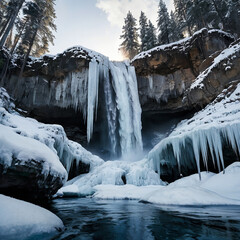 Frozen waterfall in a forest background wallpaper