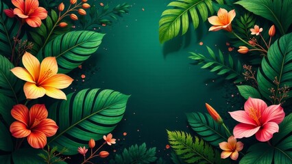 Lush Tropical Floral Frame with Vibrant Hibiscus and Exotic Foliage on a Deep Green Background