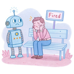 Fototapeta premium Tech layoff,worried man sits on bench labeled Fired beside concerned robot
