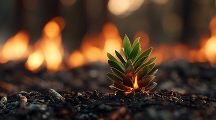 Resilient plant sprouting from a pile of dirt amidst fire-resistant vegetation showcasing nature's ability to recover