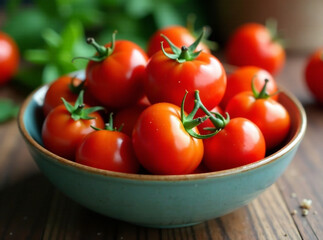 A vibrant, high-quality AI photo of a bowl brimming with fresh, ripe tomatoes, showcasing depth of field and a warm, inviting atmosphere.  Focus on the texture and juicy appearance of the tomatoes, wi
