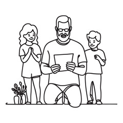 continuous one single black line art doodle drawing of Father receiving a Happy Father Day card from his children concept illustration