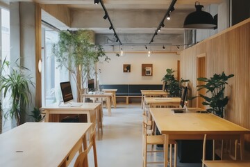 A beautifully designed coworking space with long shared desks, natural wood furniture, and minimalist decor.