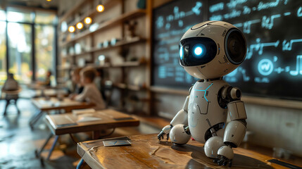 Fototapeta premium Smart partners, robots integrated into the campus learning scene, future education, learning tutoring, robots, robot interaction time with children