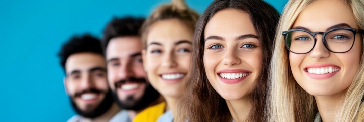 Diverse Group of Smiling People - A diverse group of young adults smiles brightly against a blue background. Perfect for teamwork, friendship, and community concepts