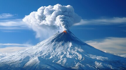 A majestic volcano erupts, sending a plume of ash and smoke into the clear blue sky, showcasing nature's raw power and beauty.