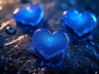Fototapeta premium Vivid glowing blue hearts on a dark canvas, each heart softly glowing with vibrant blue neon light, creating a magical and serene atmosphere