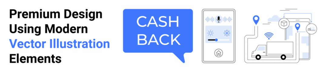 Cashback speech bubble near smartphone, delivery truck with location pins, and tech elements. Ideal for e-commerce, delivery, fintech, technology, logistics, smart apps flat landing page banner