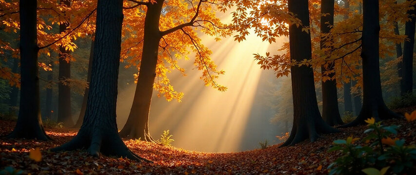 Light rays piercing through a vibrant autumn forest canopy, showcasing deep shadows and warm golden hues.  Focus on depth of field, a serene and mysterious atmosphere, with dramatic lighting and a sen