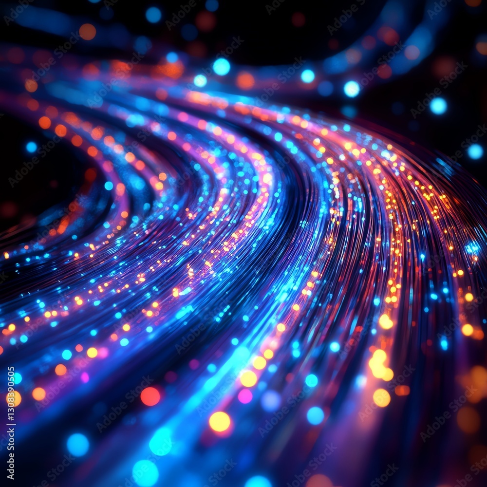 Poster a dynamic display of glowing optical fiber cables in bright colors, flowing and curving through an u