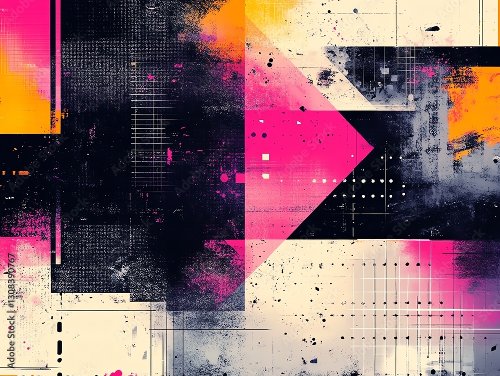 Leinwandbilder Abstract background with geometric shapes in a grid pattern, sharp contrasting colors of black, white, and neon, creating a modern digital look