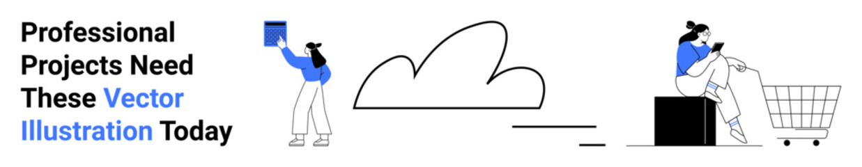 Woman uploading files to cloud and another browsing on smartphone beside shopping cart. Ideal for technology, e-commerce, online services, data sharing, remote work, digital apps, flat landing page