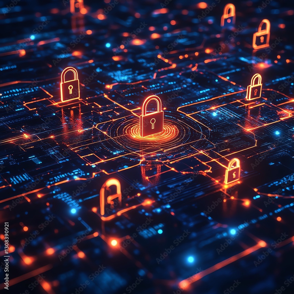 Aufkleber Abstract data protection concept with glowing locks, encrypted data transmission lines, and cyber security symbols, modern and hightech visual aesthetic