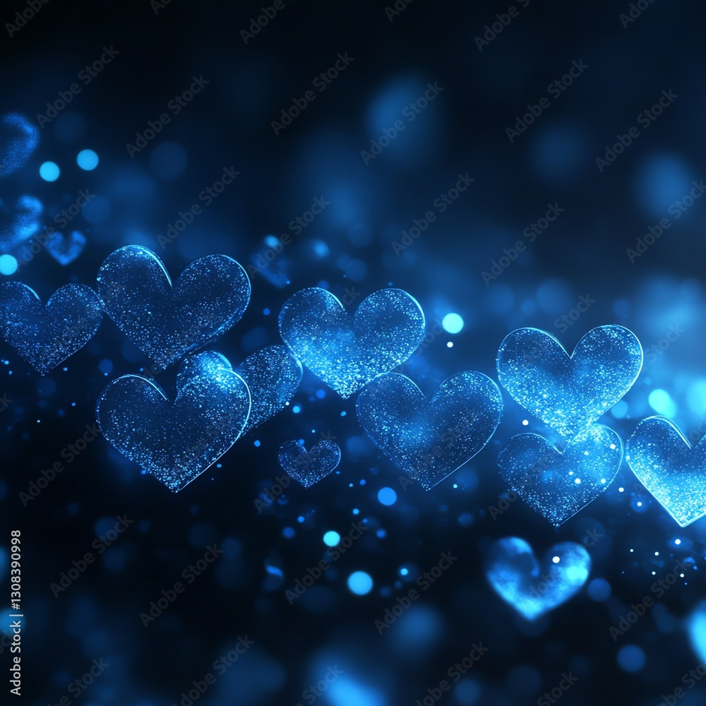 Poster Abstract design of glowing blue hearts scattered across a dark background, neon glow effect with light rays and soft bokeh highlights, highquality texture