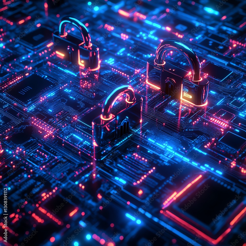 Aufkleber abstract digital security concept with glowing padlocks, data streams, and intricate circuitry patte