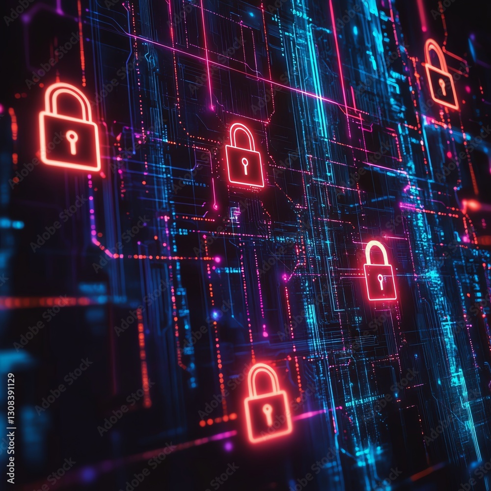Aufkleber abstract digital security concept with glowing padlocks, data streams, and intricate circuitry patte