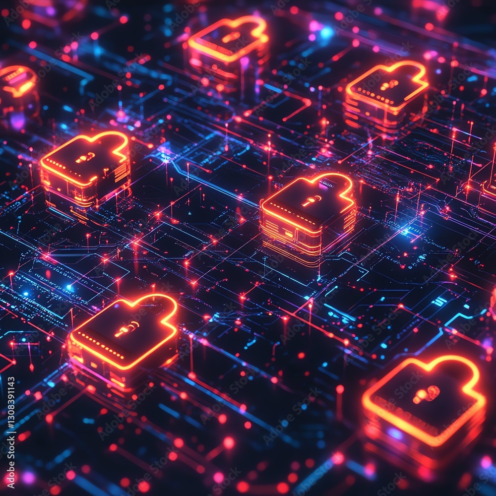 Aufkleber abstract digital security concept with glowing padlocks, data streams, and intricate circuitry patte