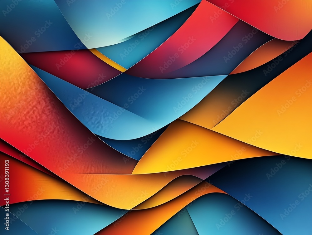 Fototapete abstract geometric background with overlapping shapes, vibrant colors of blue, red, and yellow, shar