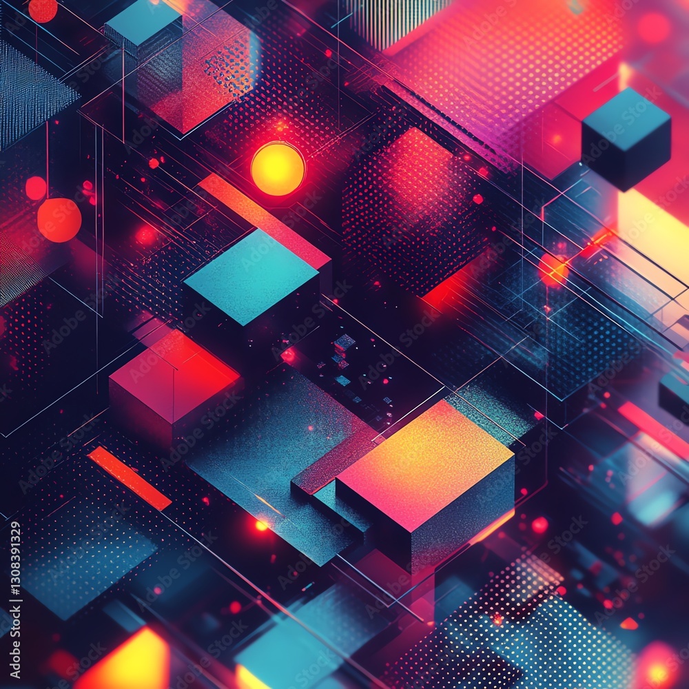 Poster Abstract geometric background with layered 3D shapes, bold color contrasts, and intricate lines, evoking a hightech, futuristic atmosphere